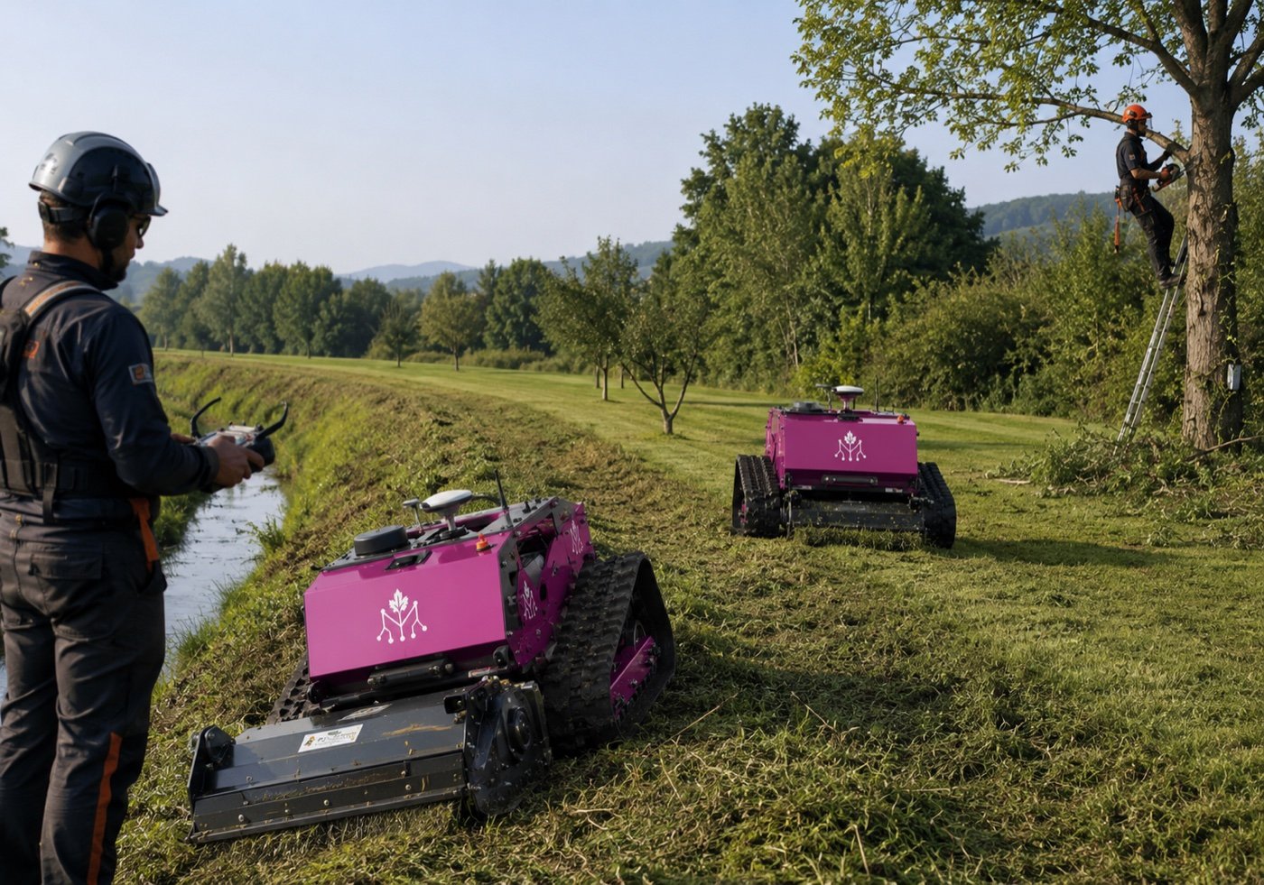 Due robot GreenCare su un argine lungo un canale: un operatore li guida da terra con il radiocomando, un secondo operatore pota un albero poco distante