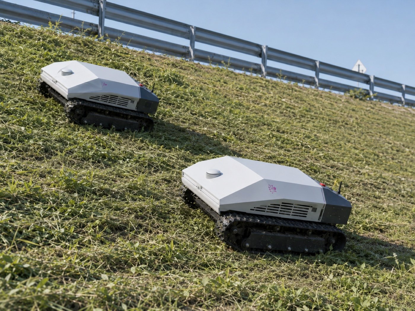 Due robot GreenCare cingolati al lavoro su una scarpata ripida sotto il guardrail di una strada