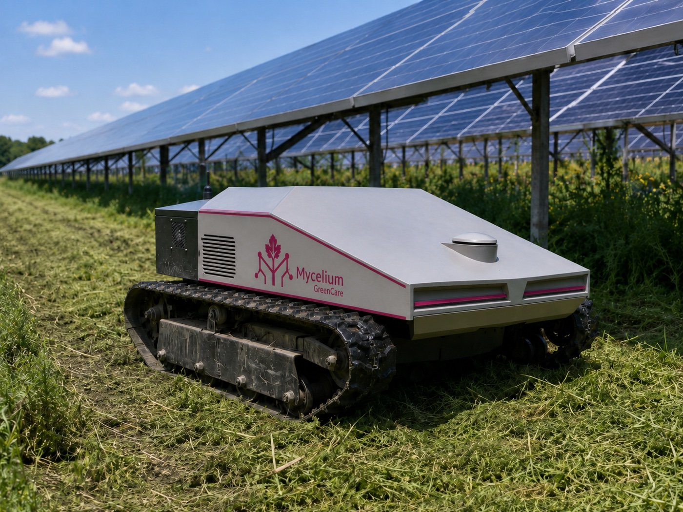 Robot GreenCare al lavoro fra i filari di pannelli solari di un impianto fotovoltaico