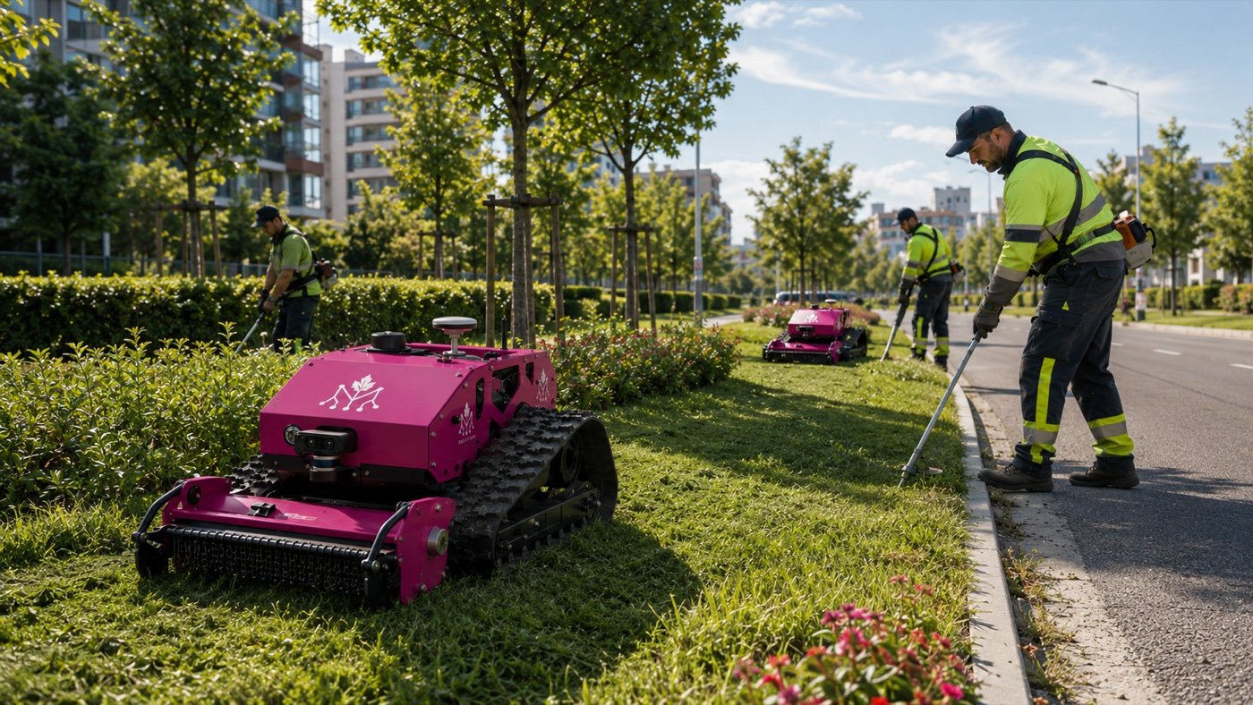 Robot GreenCare che taglia l'erba di un'aiuola spartitraffico in citt&agrave;, mentre gli operatori rifiniture i bordi con i decespugliatori