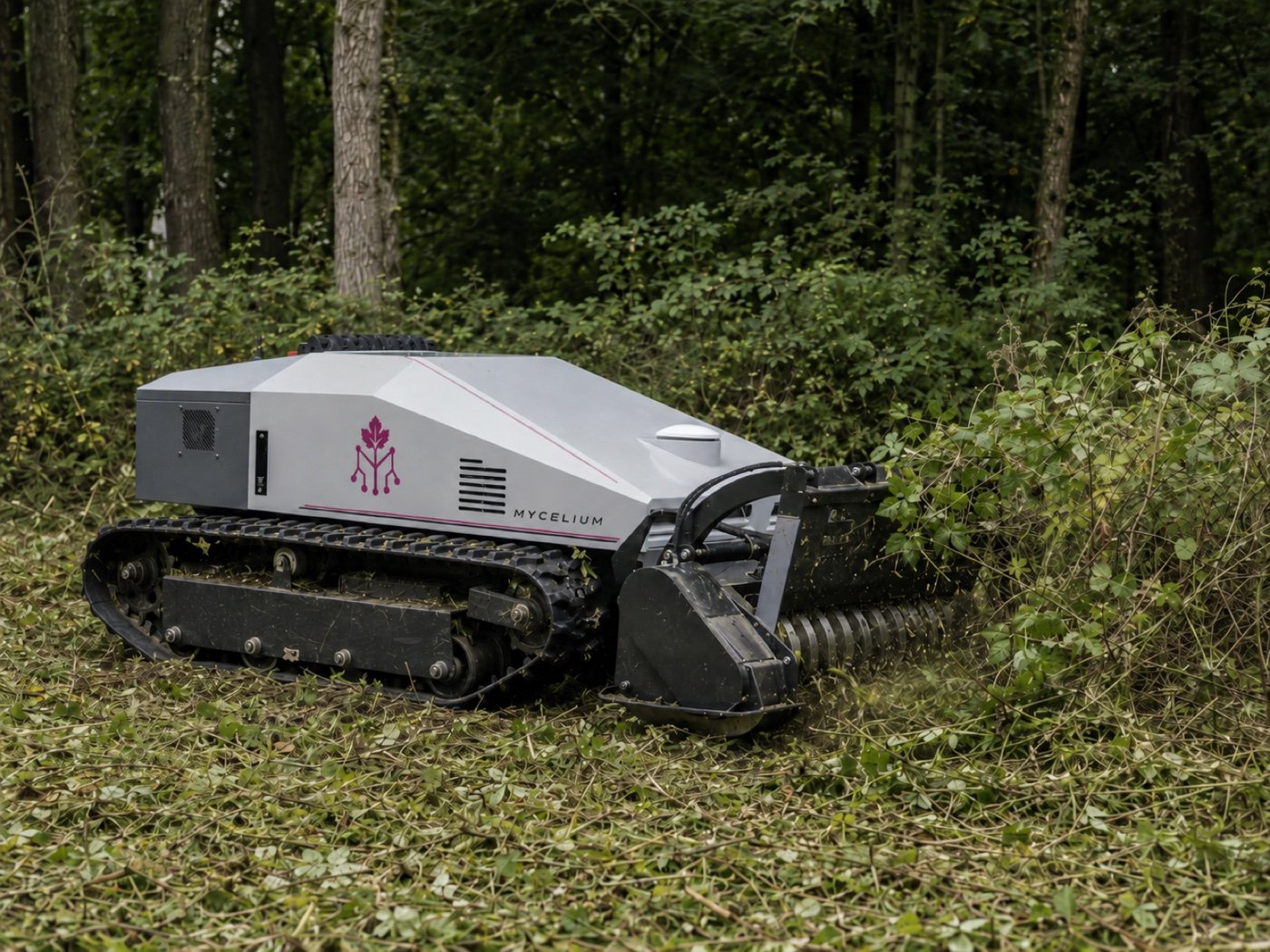Robot GreenCare con attrezzo trincia al lavoro sulla vegetazione fitta ai margini di un bosco