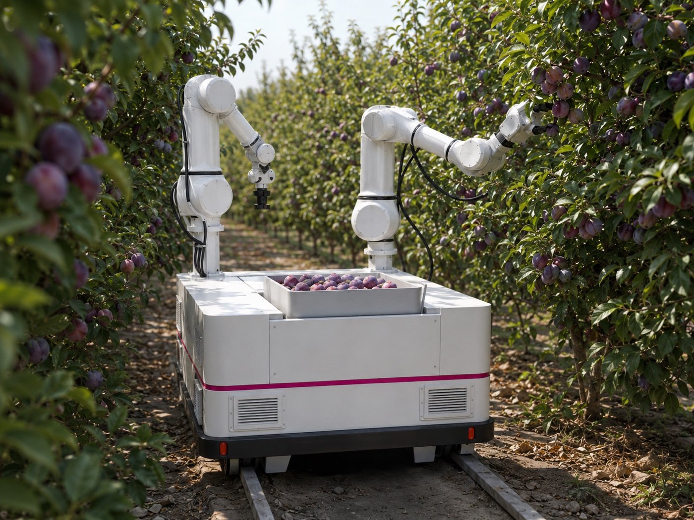 Robot autonomo Mycelium Harvest a doppio braccio durante la raccolta delle prugne in un frutteto, con la cassetta del prodotto raccolto a bordo