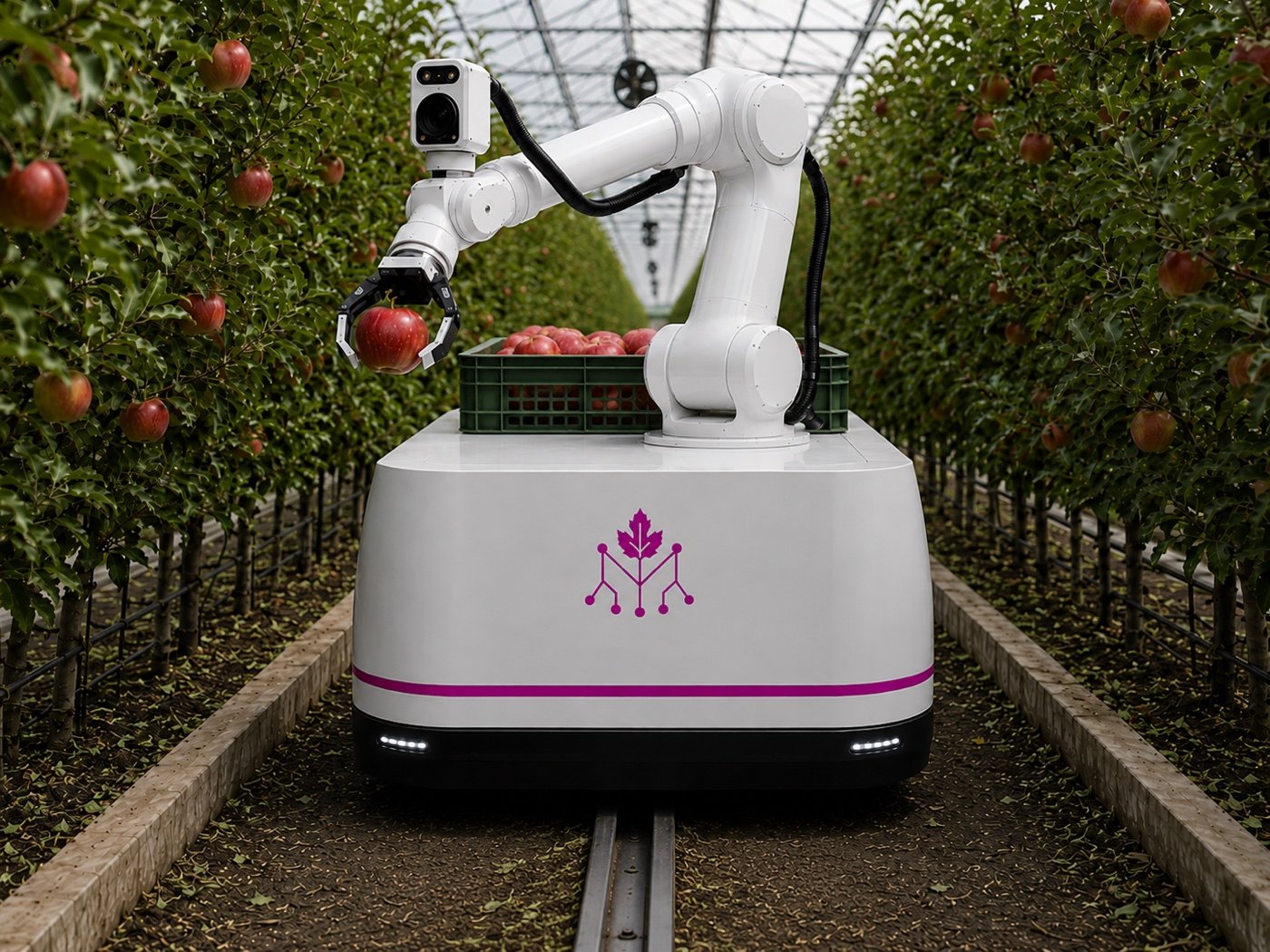Robot Mycelium Harvest Mono a singolo braccio mentre stacca una mela in serra: la telecamera inquadra il frutto e la cassetta del raccolto e' a bordo, sulla rotaia fra i filari